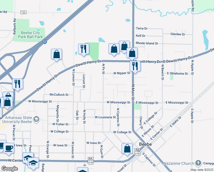 map of restaurants, bars, coffee shops, grocery stores, and more near 209 Goff Street in Beebe