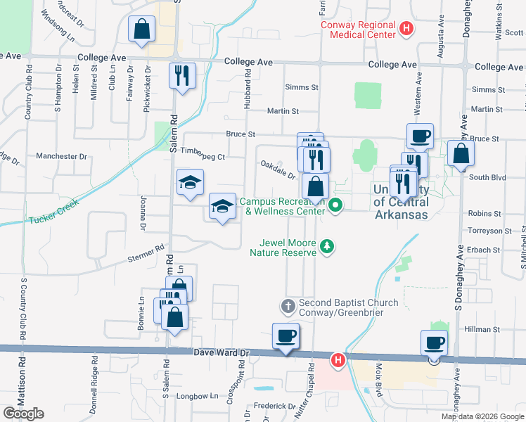 map of restaurants, bars, coffee shops, grocery stores, and more near 120 Robinwood Drive in Conway