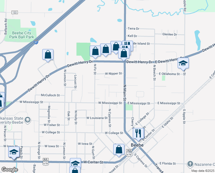 map of restaurants, bars, coffee shops, grocery stores, and more near 109 Goff Street in Beebe