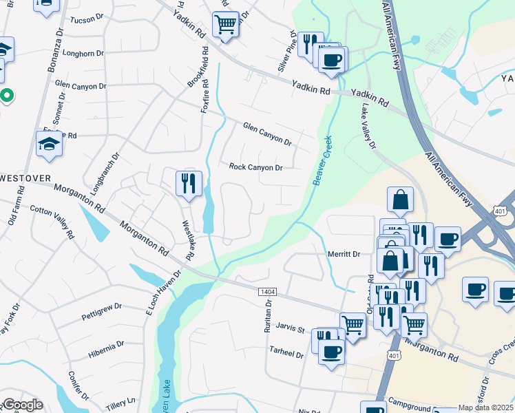 map of restaurants, bars, coffee shops, grocery stores, and more near 283 Waterdown Drive in Fayetteville