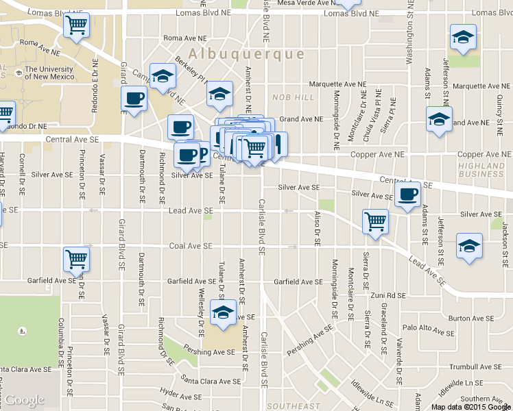 map of restaurants, bars, coffee shops, grocery stores, and more near 225 Carlisle Blvd SE in Albuquerque