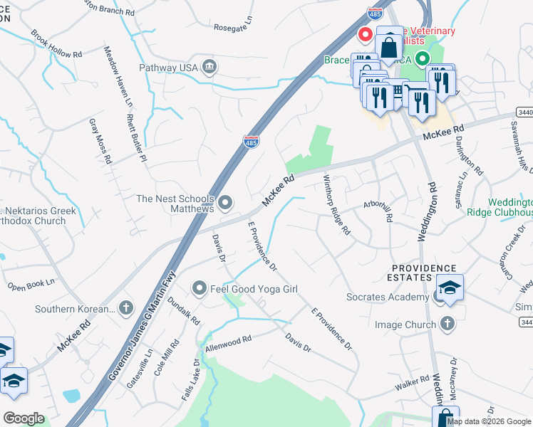 map of restaurants, bars, coffee shops, grocery stores, and more near 3011 McKee Road in Charlotte
