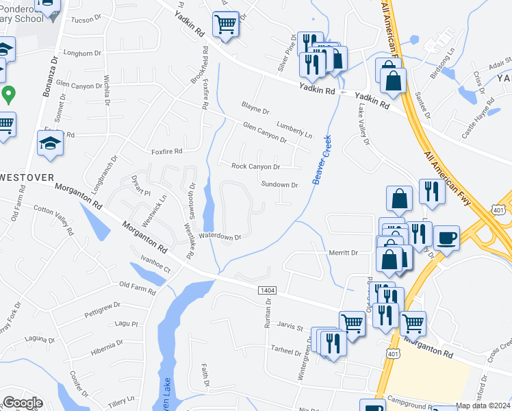 map of restaurants, bars, coffee shops, grocery stores, and more near 283 Waterdown Drive in Fayetteville
