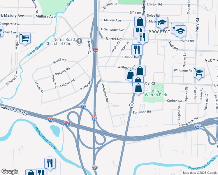 map of restaurants, bars, coffee shops, grocery stores, and more near Ruby Oaks Drive in Memphis