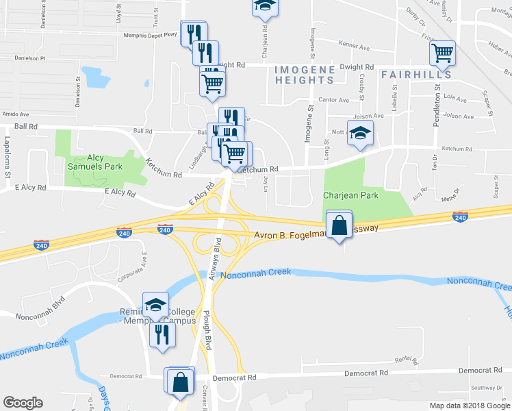 map of restaurants, bars, coffee shops, grocery stores, and more near 2491 Joy Lane in Memphis