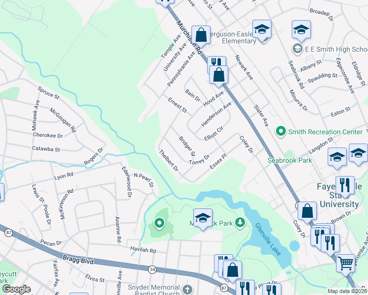 map of restaurants, bars, coffee shops, grocery stores, and more near 1761 Bridger Street in Fayetteville