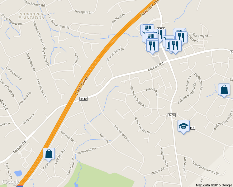 map of restaurants, bars, coffee shops, grocery stores, and more near 3108 Arborhill Road in Charlotte