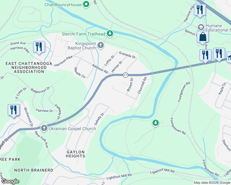 map of restaurants, bars, coffee shops, grocery stores, and more near 3112 Lookaway Trail in Chattanooga