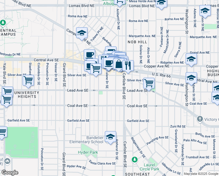 map of restaurants, bars, coffee shops, grocery stores, and more near 220 Tulane Drive Northeast in Albuquerque