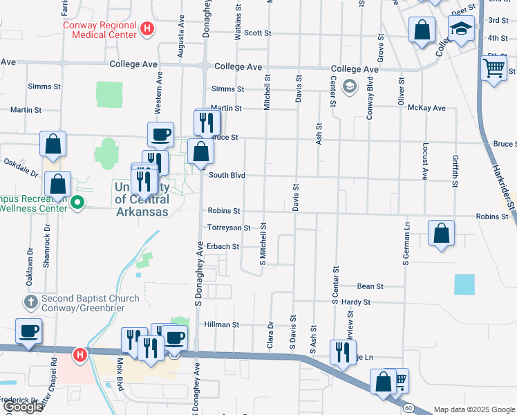 map of restaurants, bars, coffee shops, grocery stores, and more near 103 Mitchell Street in Conway