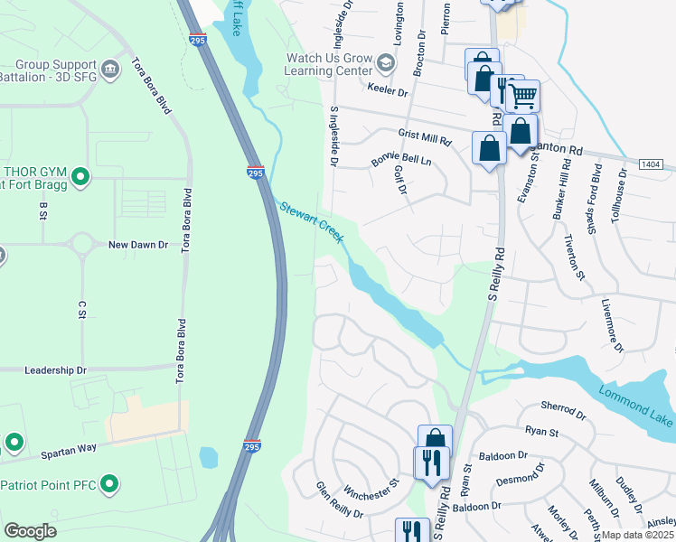 map of restaurants, bars, coffee shops, grocery stores, and more near 962 Stewarts Creek Drive in Fayetteville