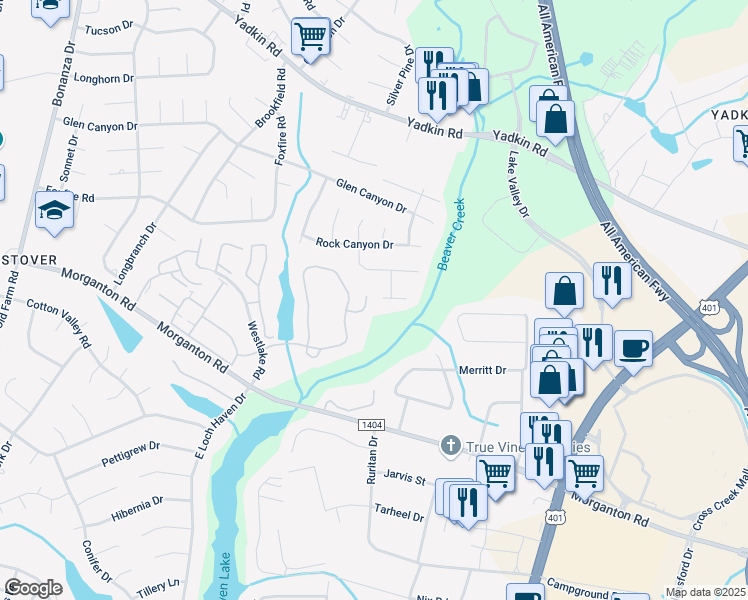 map of restaurants, bars, coffee shops, grocery stores, and more near 295 Warton Lane in Fayetteville