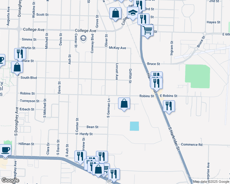 map of restaurants, bars, coffee shops, grocery stores, and more near 105 Locust St in Conway