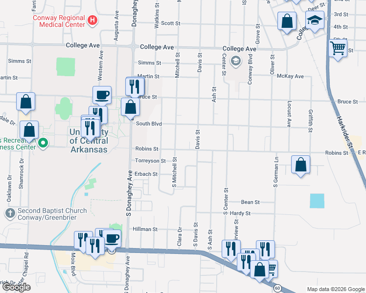map of restaurants, bars, coffee shops, grocery stores, and more near 1828 Robins Street in Conway