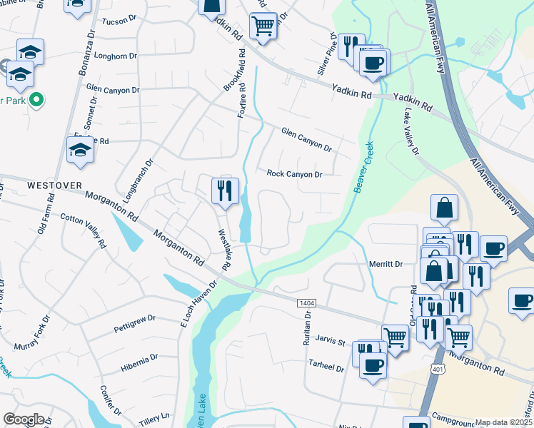 map of restaurants, bars, coffee shops, grocery stores, and more near 216 Waterdown Drive in Fayetteville
