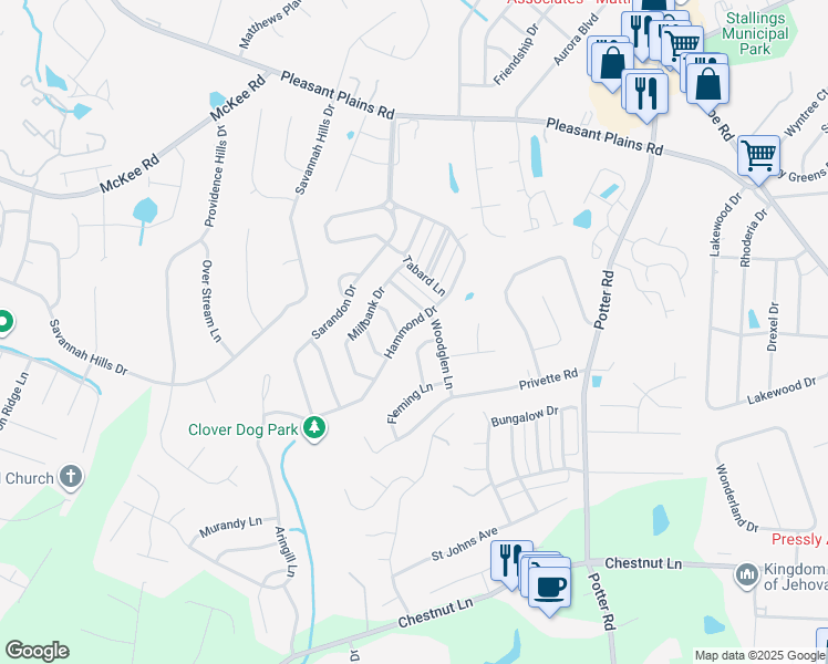 map of restaurants, bars, coffee shops, grocery stores, and more near 1333 Hammond Drive in Stallings
