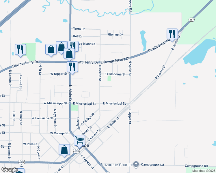 map of restaurants, bars, coffee shops, grocery stores, and more near 850 North Beech Street in Beebe