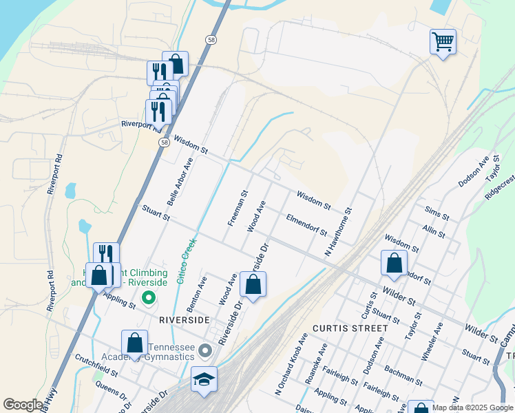 map of restaurants, bars, coffee shops, grocery stores, and more near 3173 Wood Avenue in Chattanooga