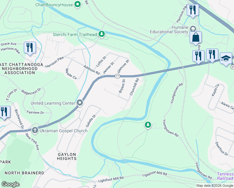 map of restaurants, bars, coffee shops, grocery stores, and more near 3903 Bryant Street in Chattanooga