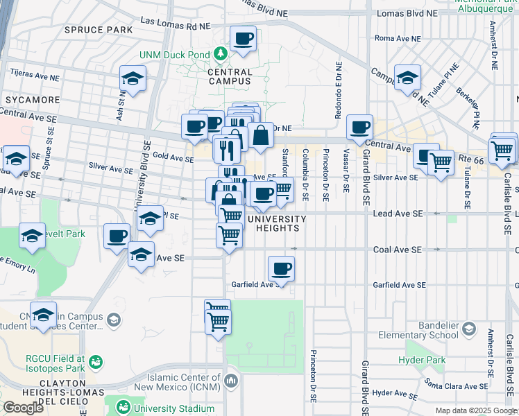 map of restaurants, bars, coffee shops, grocery stores, and more near 221 Cornell Drive Southeast in Albuquerque