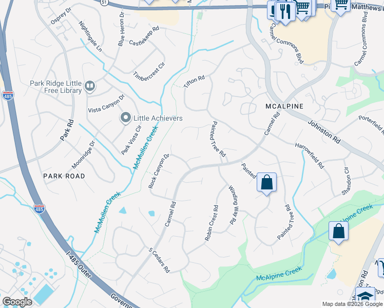 map of restaurants, bars, coffee shops, grocery stores, and more near 7618 Zermatt Lane in Charlotte