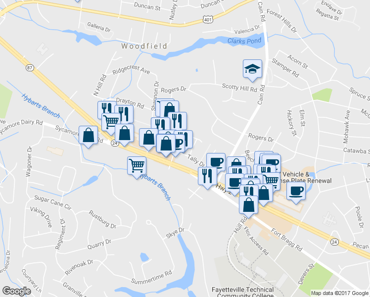 map of restaurants, bars, coffee shops, grocery stores, and more near 3235 Claude Street in Fayetteville