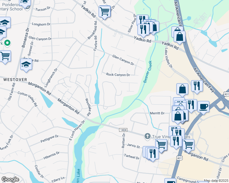 map of restaurants, bars, coffee shops, grocery stores, and more near 274 Waterdown Drive in Fayetteville