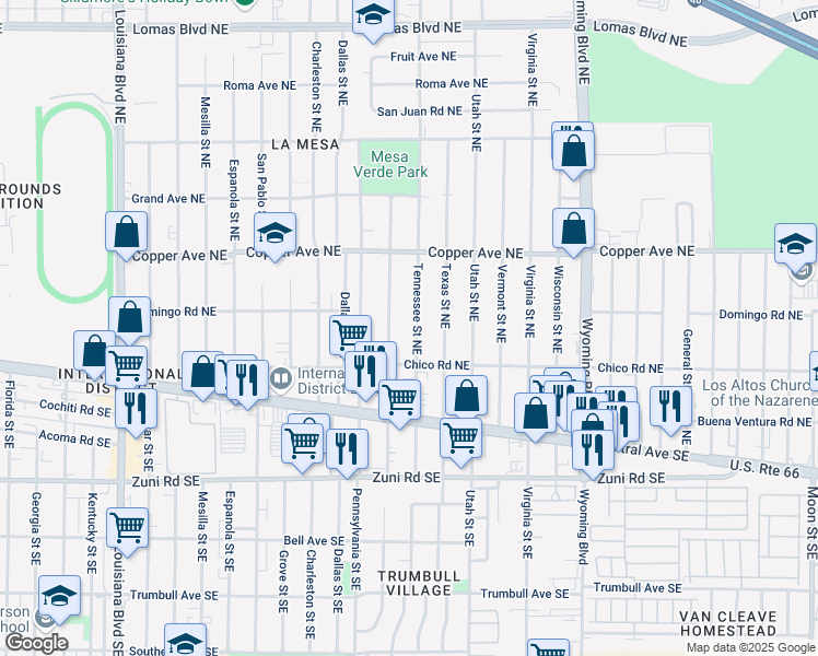 map of restaurants, bars, coffee shops, grocery stores, and more near 227 Tennessee Street Northeast in Albuquerque
