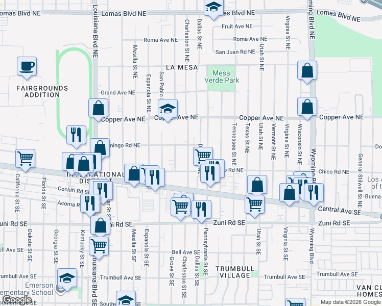 map of restaurants, bars, coffee shops, grocery stores, and more near 225 Dallas Street Northeast in Albuquerque