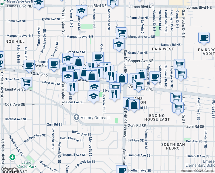 map of restaurants, bars, coffee shops, grocery stores, and more near 5000 Central Avenue Southeast in Albuquerque