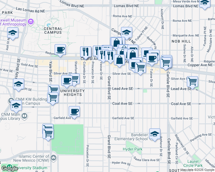 map of restaurants, bars, coffee shops, grocery stores, and more near in Albuquerque