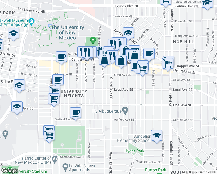 map of restaurants, bars, coffee shops, grocery stores, and more near in Albuquerque