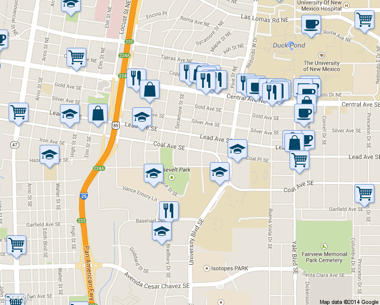 map of restaurants, bars, coffee shops, grocery stores, and more near 1514 Coal Avenue Southeast in Albuquerque