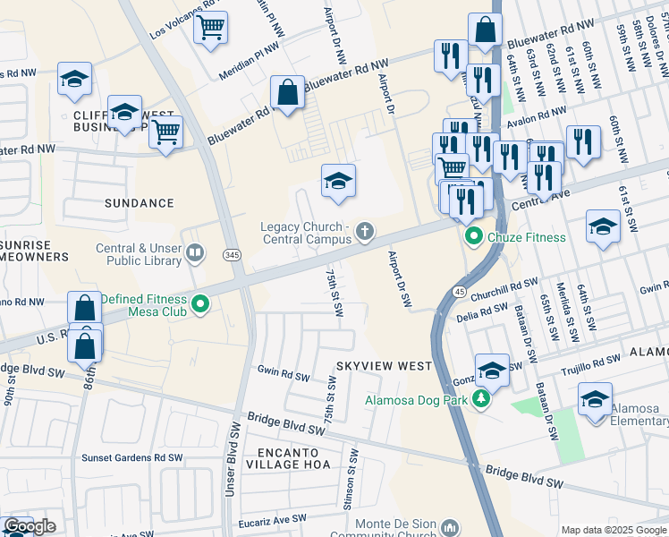 map of restaurants, bars, coffee shops, grocery stores, and more near 7500 Central Avenue Northwest in Albuquerque