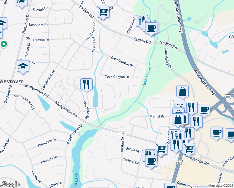map of restaurants, bars, coffee shops, grocery stores, and more near 274 Waterdown Drive in Fayetteville