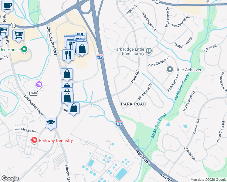 map of restaurants, bars, coffee shops, grocery stores, and more near 11242 Kingfisher Drive in Charlotte