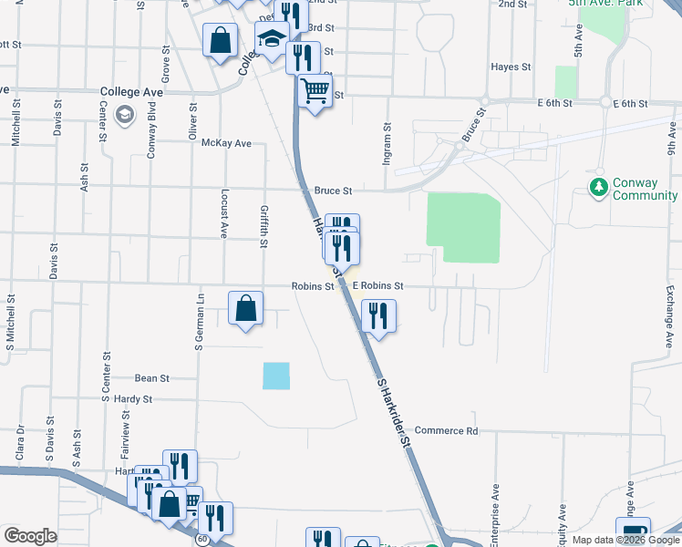 map of restaurants, bars, coffee shops, grocery stores, and more near 112 Harkrider Street in Conway