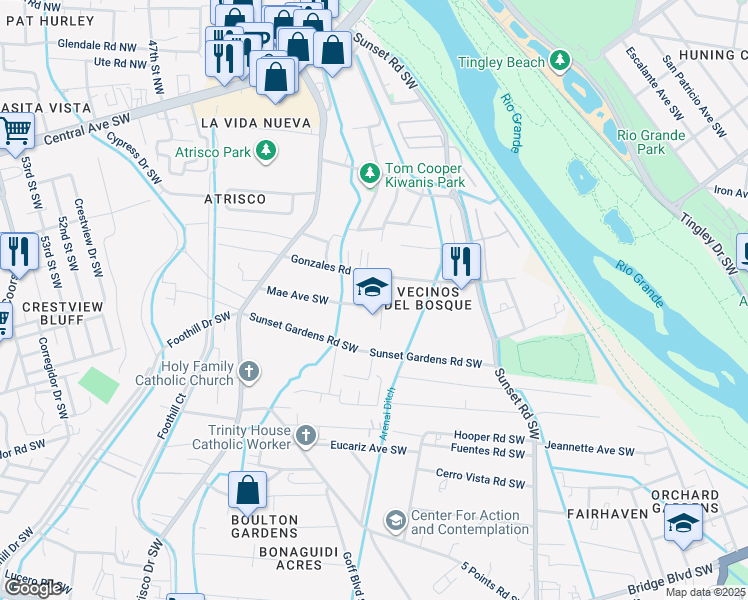 map of restaurants, bars, coffee shops, grocery stores, and more near 725 University Boulevard Southeast in Albuquerque