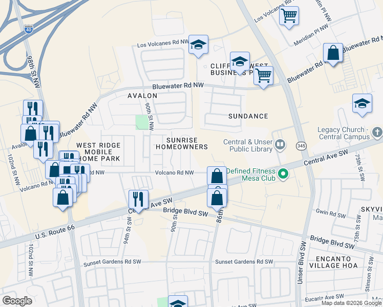 map of restaurants, bars, coffee shops, grocery stores, and more near 99999 Bristol Street Northwest in Albuquerque