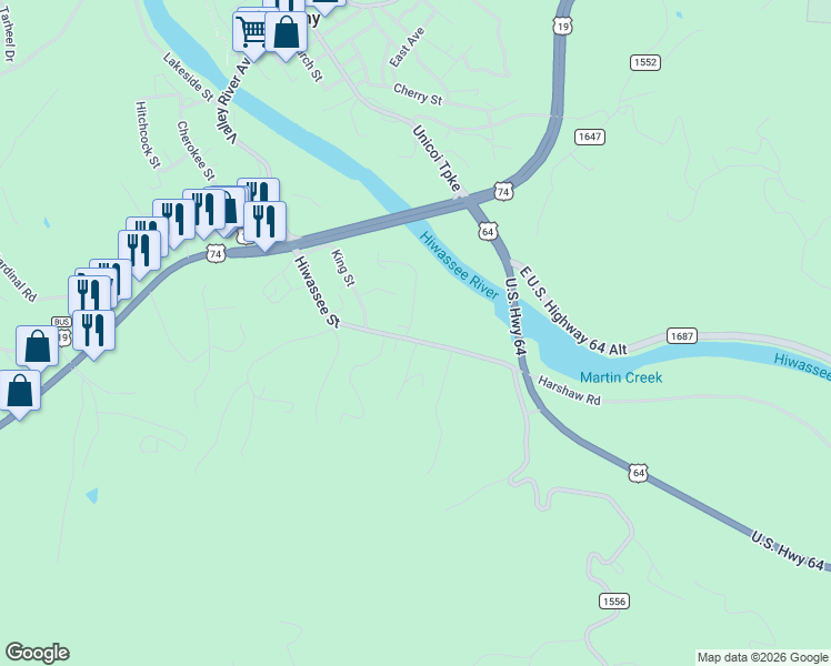 map of restaurants, bars, coffee shops, grocery stores, and more near 1021 Hiwassee Street in Murphy