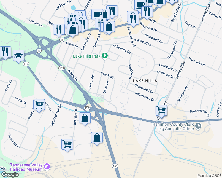 map of restaurants, bars, coffee shops, grocery stores, and more near 4628 Paw Trail in Chattanooga