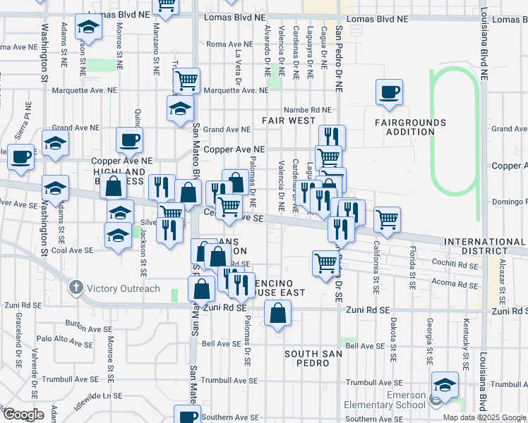 map of restaurants, bars, coffee shops, grocery stores, and more near 5701 Central Avenue Northeast in Albuquerque