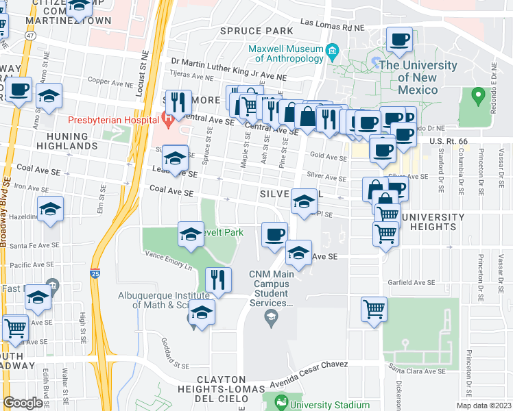map of restaurants, bars, coffee shops, grocery stores, and more near 503 Ash Street Southeast in Albuquerque