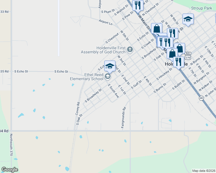map of restaurants, bars, coffee shops, grocery stores, and more near 800 South Broadway Street in Holdenville