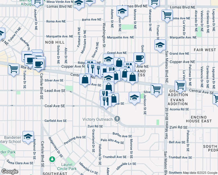 map of restaurants, bars, coffee shops, grocery stores, and more near 4401 Silver Avenue Southeast in Albuquerque