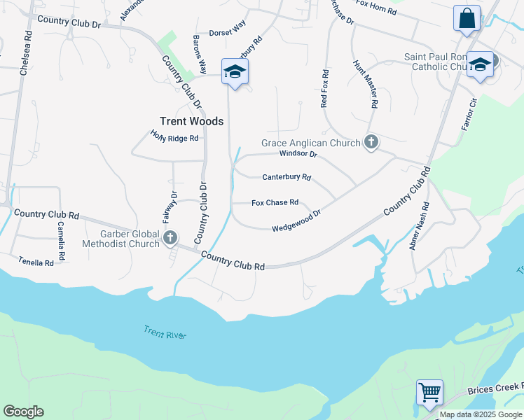 map of restaurants, bars, coffee shops, grocery stores, and more near 3615 Fox Chase Road in Trent Woods