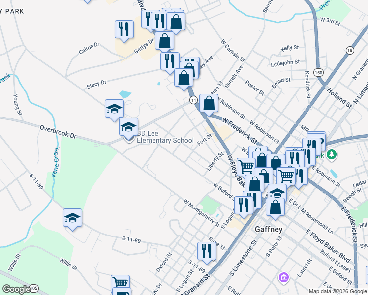 map of restaurants, bars, coffee shops, grocery stores, and more near 503 Holmes Street in Gaffney