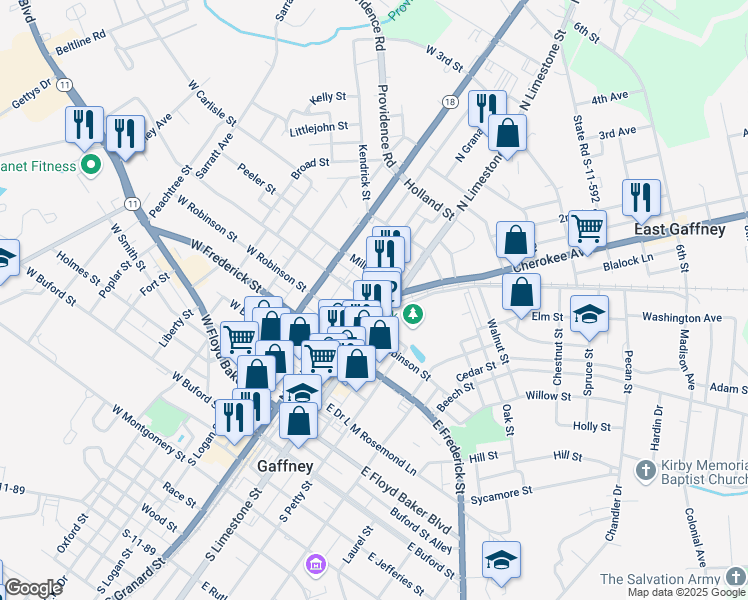 map of restaurants, bars, coffee shops, grocery stores, and more near 198 Cherokee Ave in Gaffney