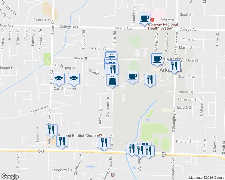 map of restaurants, bars, coffee shops, grocery stores, and more near 255 Farris Road in Conway