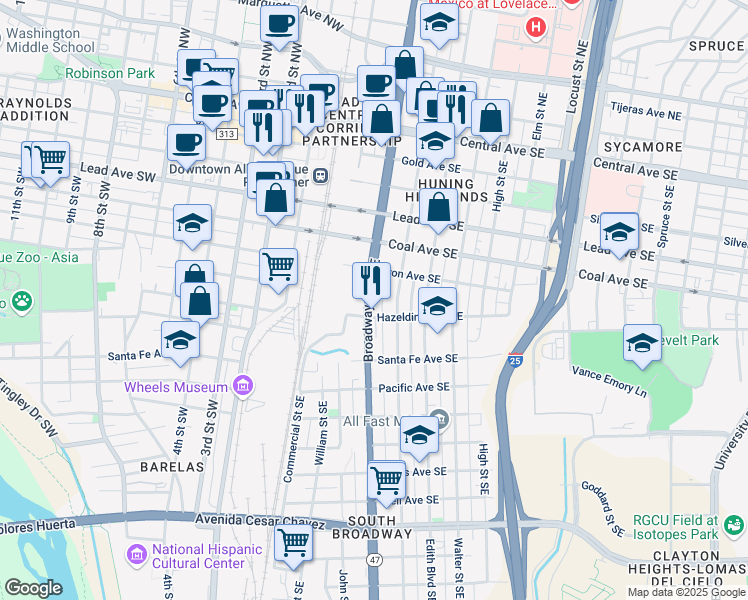 map of restaurants, bars, coffee shops, grocery stores, and more near 628 Broadway Boulevard Southeast in Albuquerque